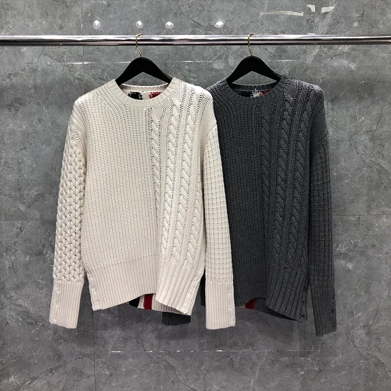 TB THOM Sweater Autunm Winter Sweater Male Fashion Brand  Donegal Tweed Filey Stitch Center Back Stripe O-Neck Pullover Coats