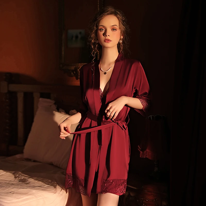 Night Gown For Women Silk Satin Robe Female Sexy Nightdress Lace Peignoir Pajamas Set With Belt Homewear Bathrobe 2021 Sleepwear