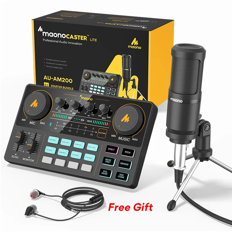 

MAONO CASTER LITE AM200-S1 All-in-on Microphone Mixer Kit Sound Card Audio Interface With Condenser Mic&Earphone for Phone PC