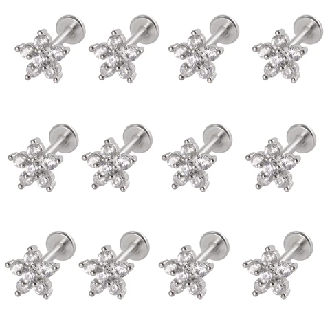 Серьги-гвоздики из титана и стали с фианитами, 12 шт.