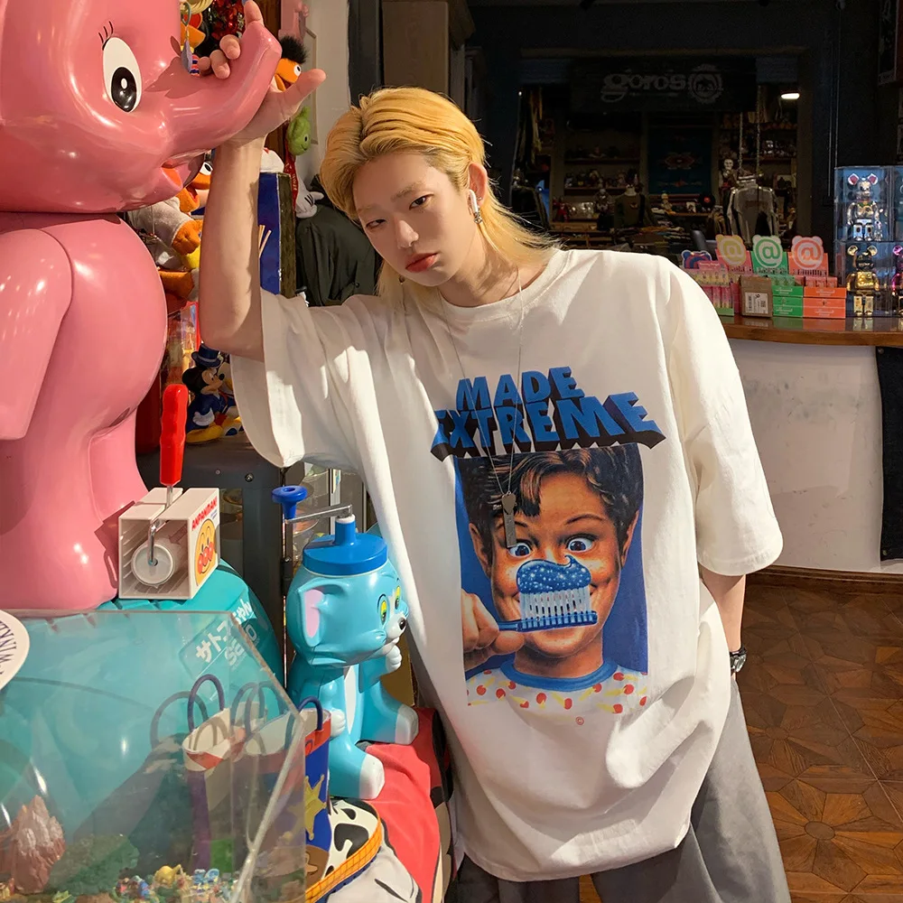 

2021 Tide Brand American Retro Funny Portrait Printing Short-sleeved Loose Men And Women T-shirt Summer Oversize Half-sleeved