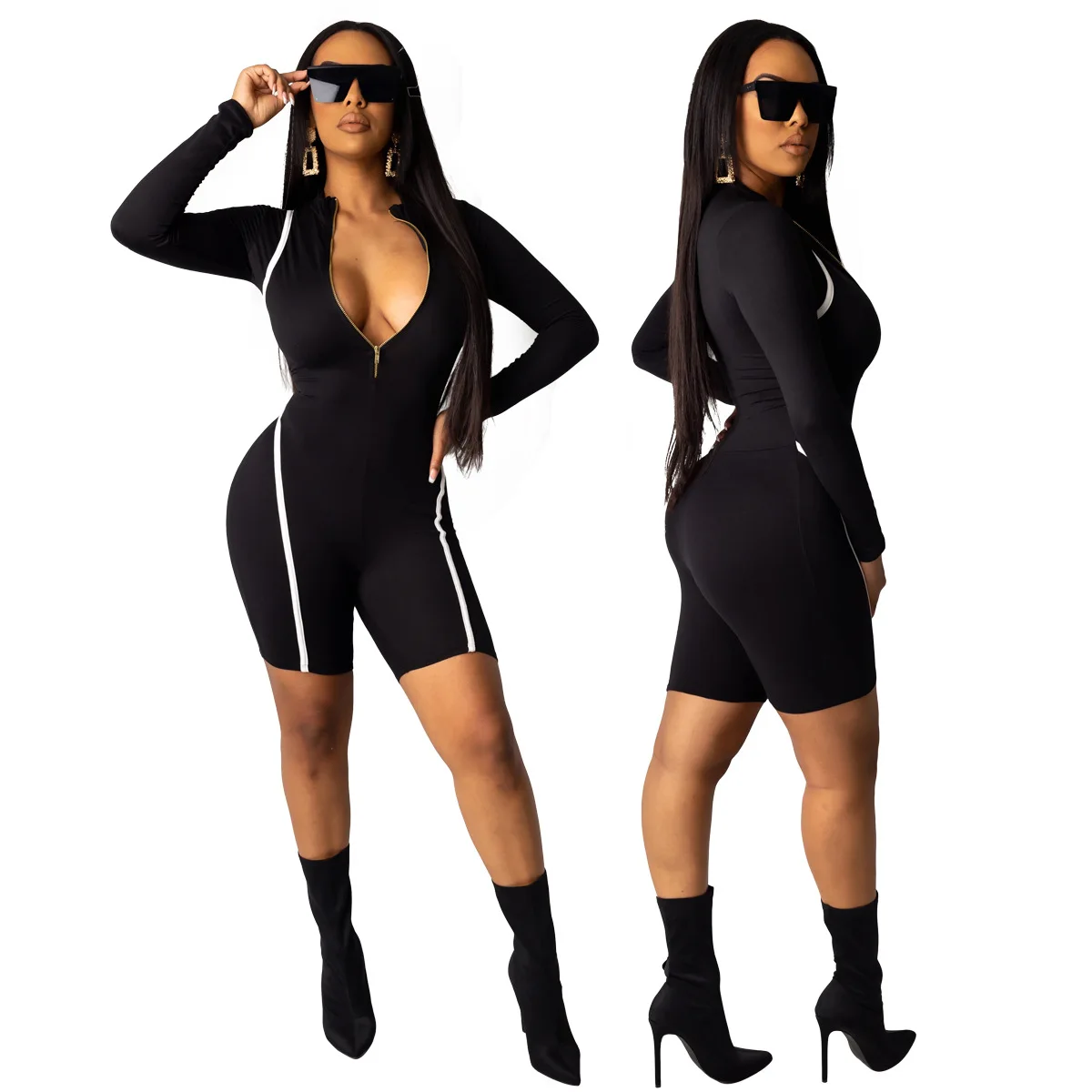 

Летний комбинезон с длинным рукавом, короткие штаны, женская одежда на молнии, v-образный вырез, сексуальный комбинезон, повседневный спорти...