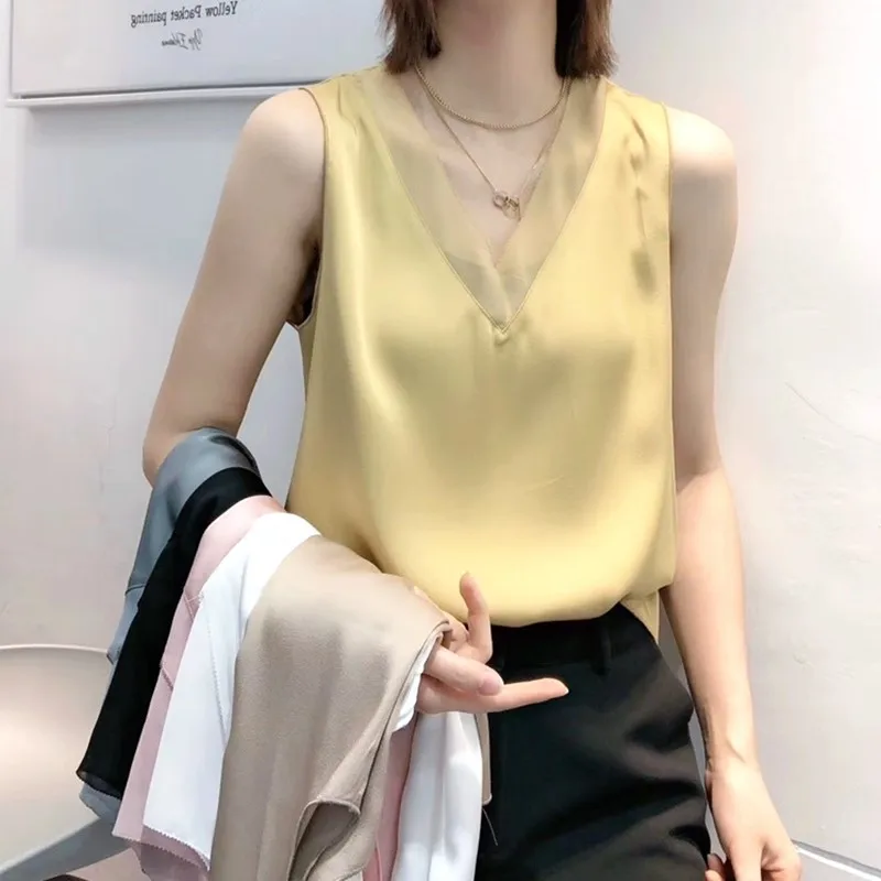 Женская Элегантная блузка однотонная белая атласная шелковая рубашка с