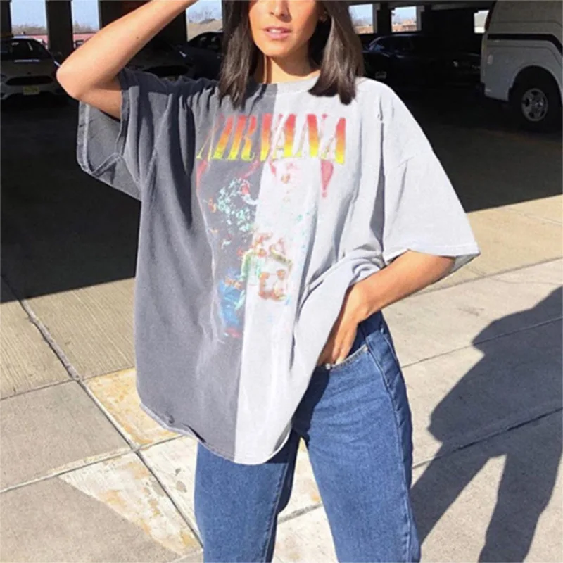 

Fashion Top USA Style Vintage Letter Print Graphic T Shirts For Women Oversized Loose Casual Streetwear Short Sleeve 2021 Summer