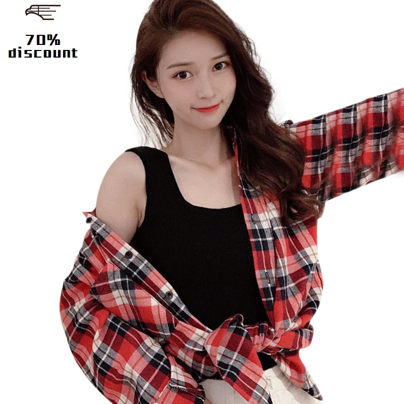 Женская винтажная клетчатая рубашка с отворотом свободная однобортная