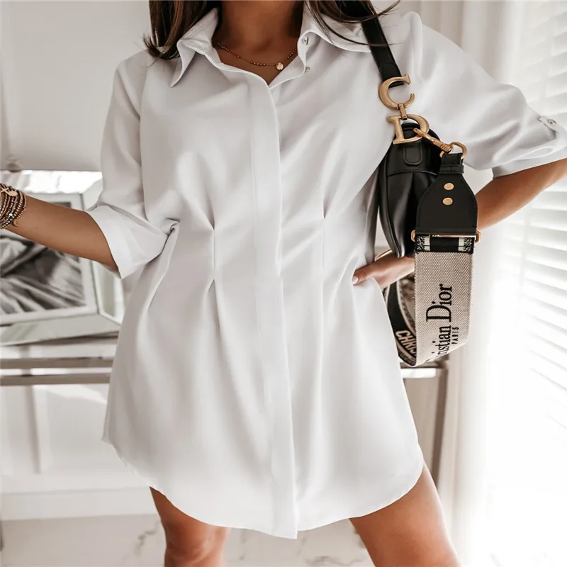 2020 Women Long Sleeve White Blouse Office Lady Shirt Dress Irregular Cut Blouses Solid Color Blouse Turn-down Collar Shirts