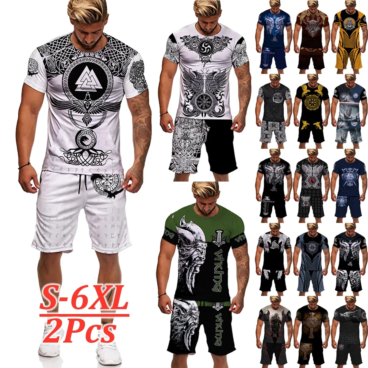 

2021 new Nordic mythology 3D printing T-shirt high quality men's top oversized loose T-shirt sports men's shorts suit beach pant