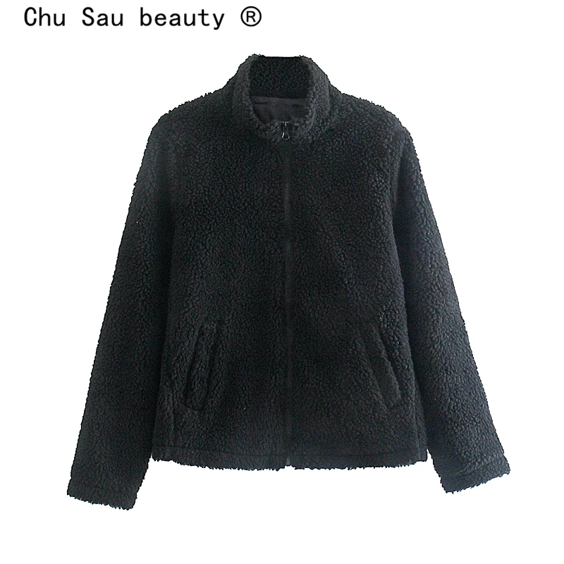 

New Fashion Autumn Streetwear Black Imitation Lamb Wool Loose Jackets Women Casual Fall Zipper Cardigans Coat Female Outwear