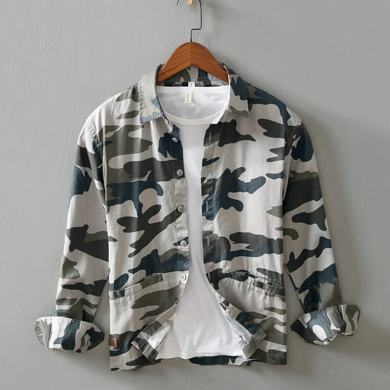 

Long Sleeve Lapel Collared Camouflage Army Cargo Shirts Male Casual Loose Cotton Japan Style Harajuku Chic Vintage Shirt For Men
