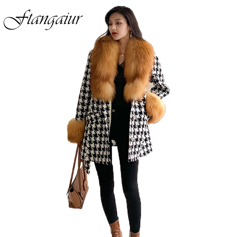 

Ftangaiur New Winter Import Red Fox Coat Women Plaid Sashes Female Coats Medium Turn-Down Collar Losse Slim Natural Fur Coats