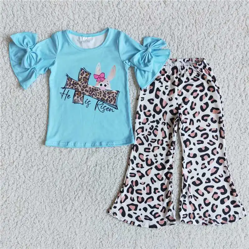 

new wholesale Fashion set Toddler Kid Clothes Ruffle sleeve Cross Bunny outfit baby Easter Girls clothing Boutique children wear