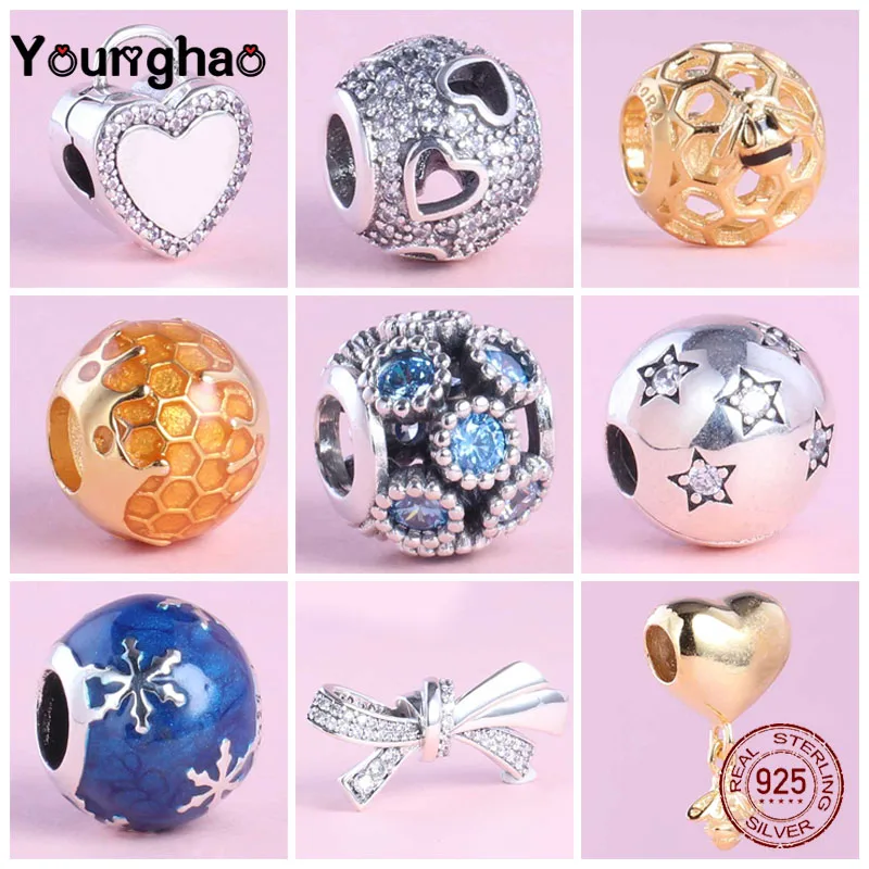 Younghao 100% Настоящее 925 пробы серебро золотое покрытие бусины для ювелирных изделий