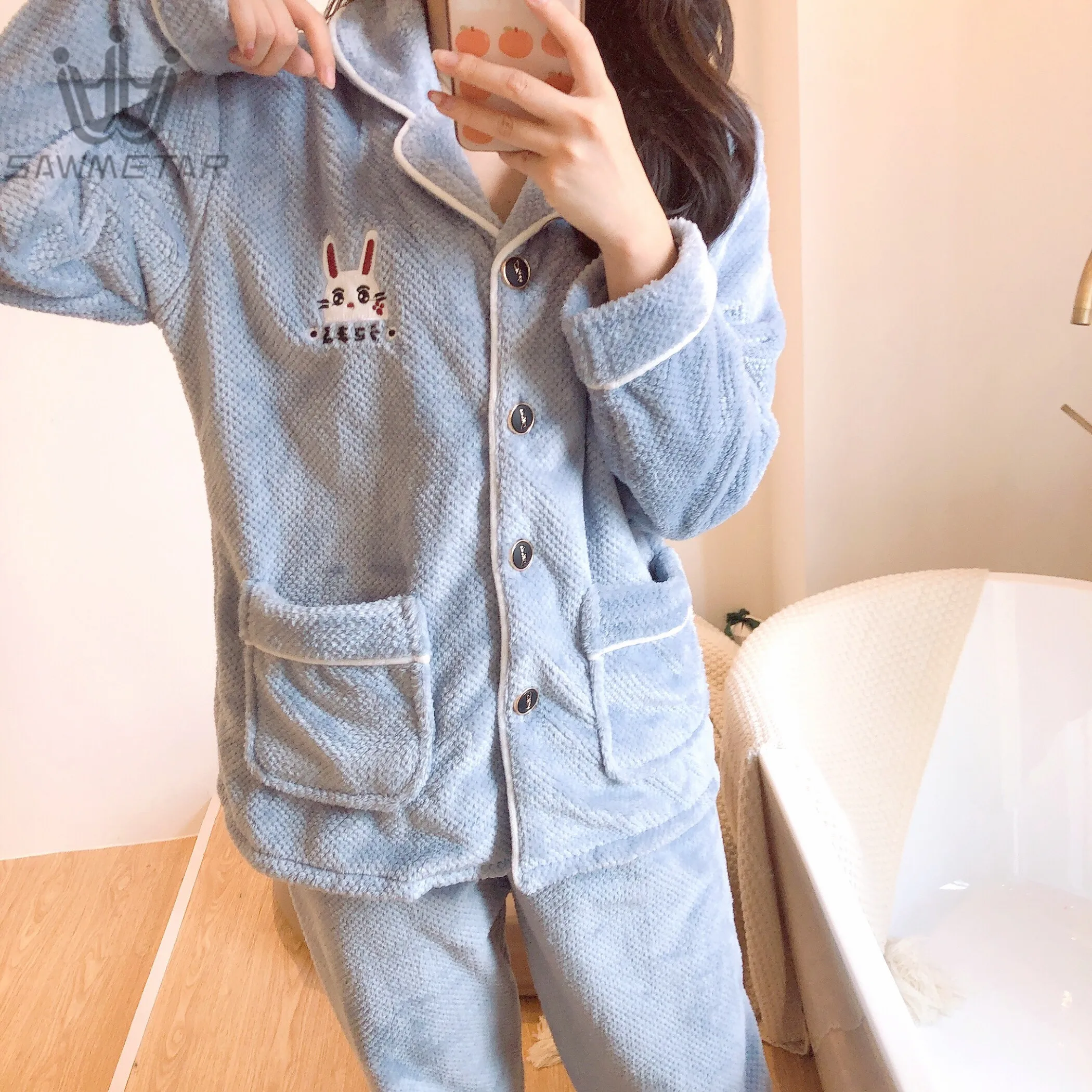 Пижама женская фланелевая осенне-зимняя длинный рукав длинные брюки | Женская