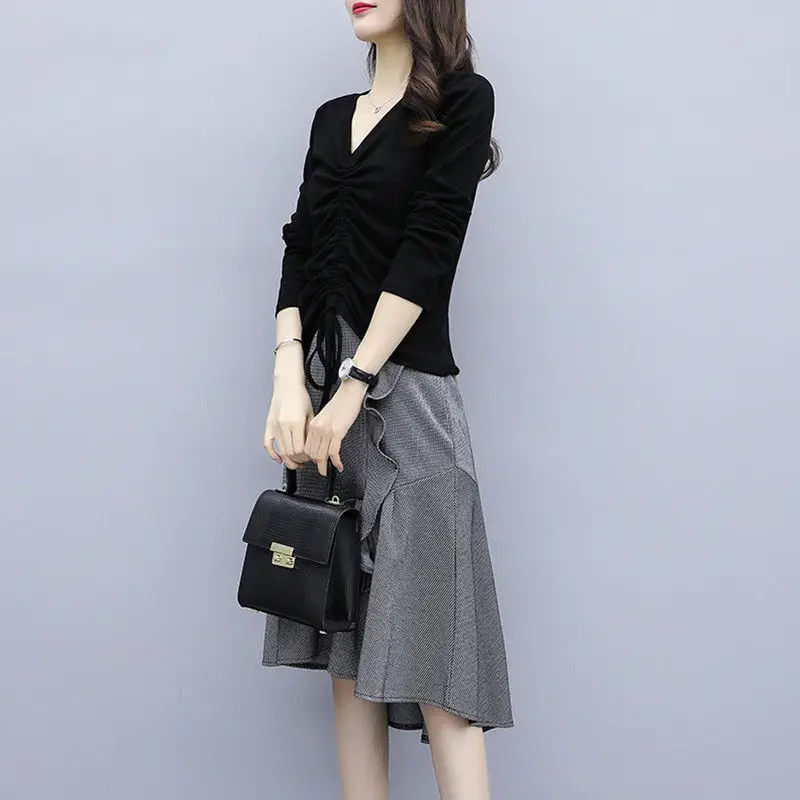 Женский модный элегантный костюм-двойка облегающая футболка с V-образным вырезом