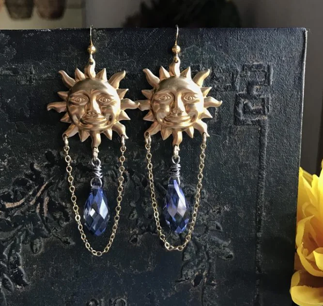 

Sun Earrings with Blue Teardrop Crystals Crystal Earrings Celestial Jewelry Sunburst Gold Plated Statement Earrings