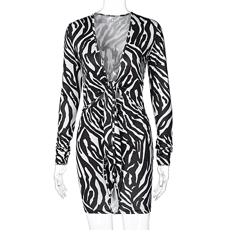 

Hugcitar 2020 Zebra Print Long Sleeve V-Neck Bandage Sexy Mini Dress Autumn Winter Women Fashion Streetwear Outfits Party Wear