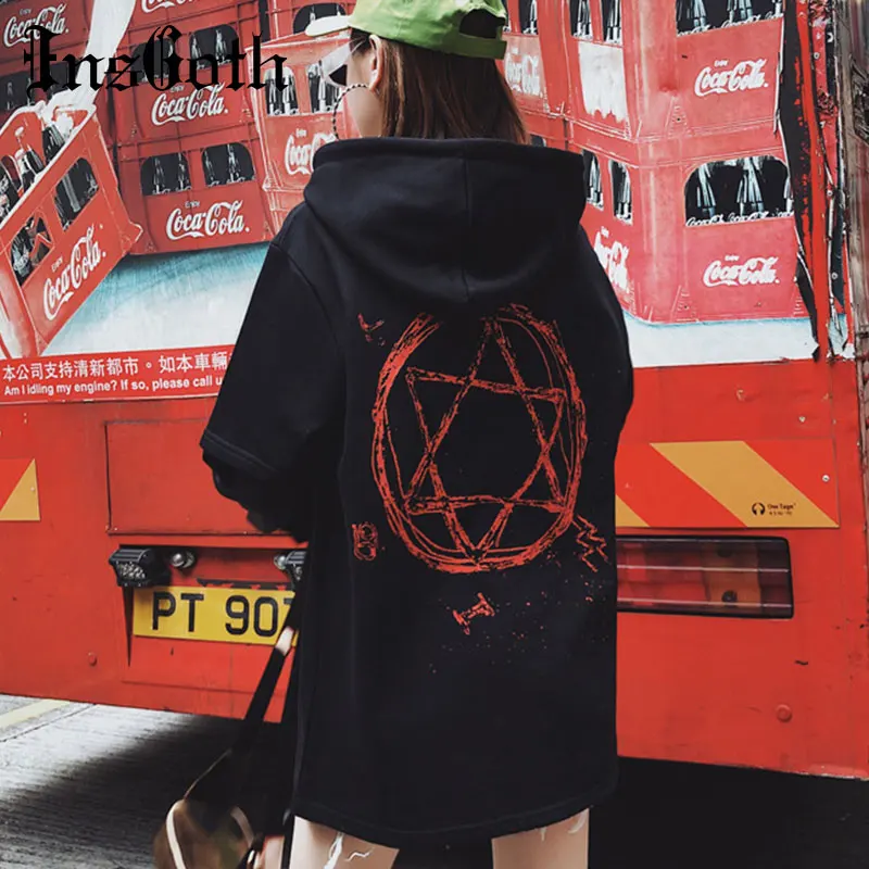 InsGoth Harajuku свободные длинные женские толстовки Готический пентагрем Печатный Черный пуловер с капюшоном, Толстовка Осенняя уличная Дамская Толстовка