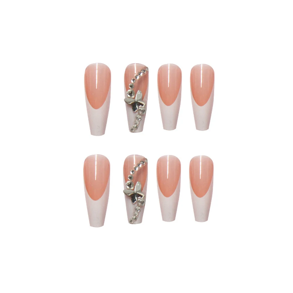 

24Pcs French False Nails with Butterfly Rhinestone Designs Long Coffin Artificial Fake Nails Press on Nails With Glue Manicure