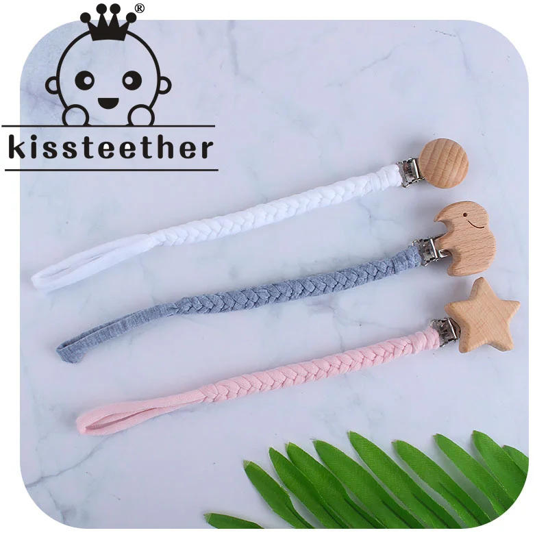 Kissteether-chupete de madera de haya con dibujos de animales, cadena tejida a mano para beb&eacute;, regalo creativo-0