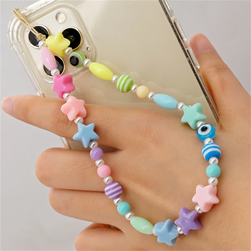 

Trendy Bohemian Style Colored Five-pointed Stars Imitation Pearl Oval Bead Stripe Mobile Phone Ornaments Women Jewelry Accessory