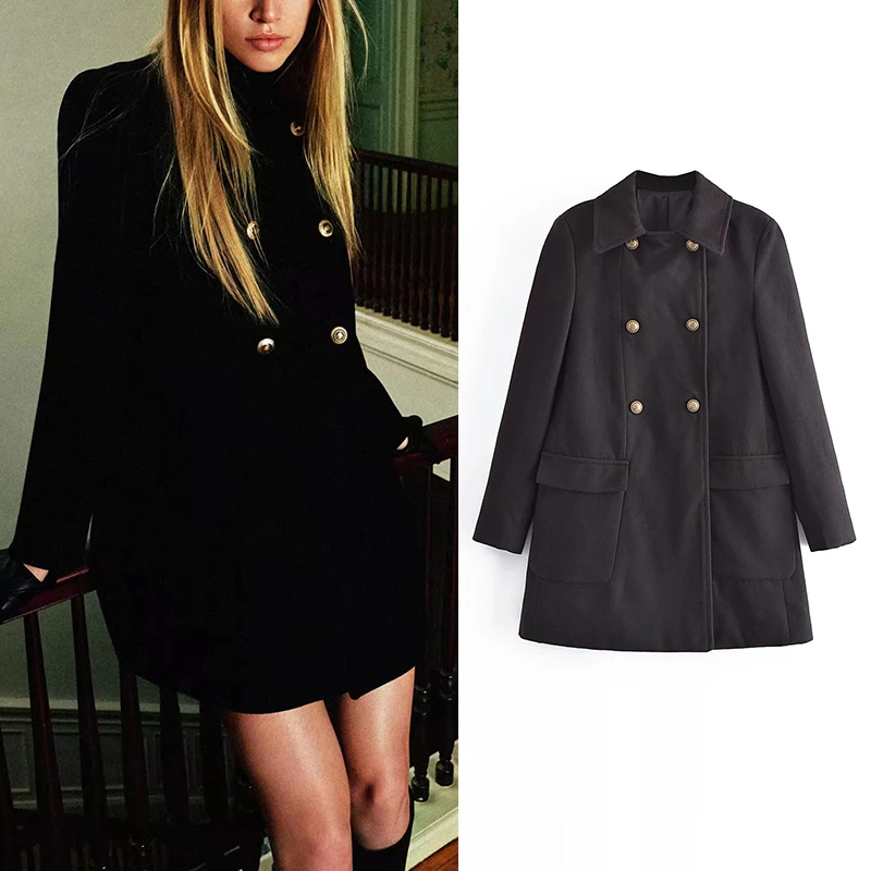

WXWT Za Autumn Winter Women Solid Wool Coats Long Sleeve Double Breasted Jackets Coats Female Fashion Long Outerwear DWDD89204