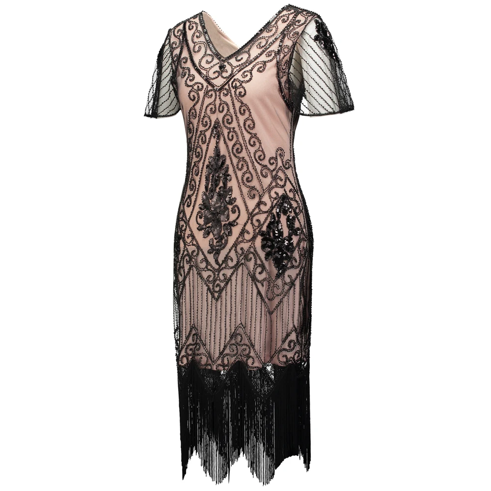 1920s Vintage Great Gatsby Dress V-Neck Embellish Beaded Sequin Flapper Evening Party Dress Short Butterfly Sleeve Robe Vestidos