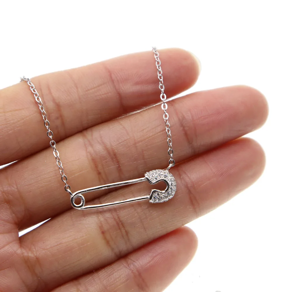 

2022 Delicate 925 Sterling Silver Drop Shipping Charm Dainty Paper Clip Paved Small CZ Stone Necklace Safety Pin For Women Girls