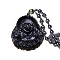 high quality obsidian necklace natural stone carved buddha pendant sweater chain lucky amulet fashion jewelry yoga meditation