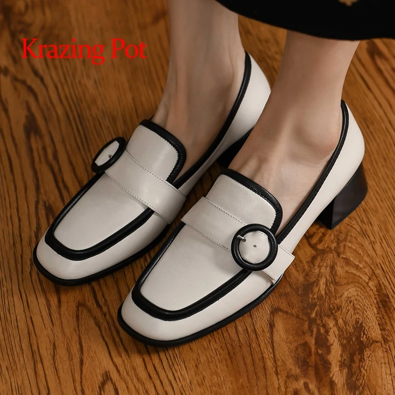 

Krazing Pot 2022 early spring genuine leather square toe med heel mixed colors buckle decorations casual brand women pumps L08