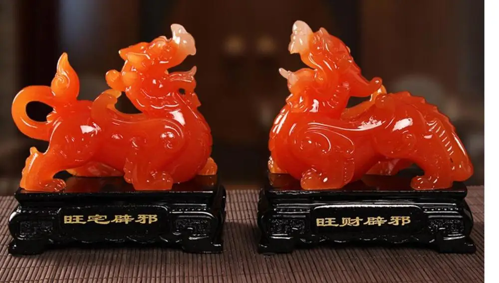 1 pair mythical wild animal base green white jade resin handicraft PI xiu furnishing High-end luxury Animal Sculpture statue