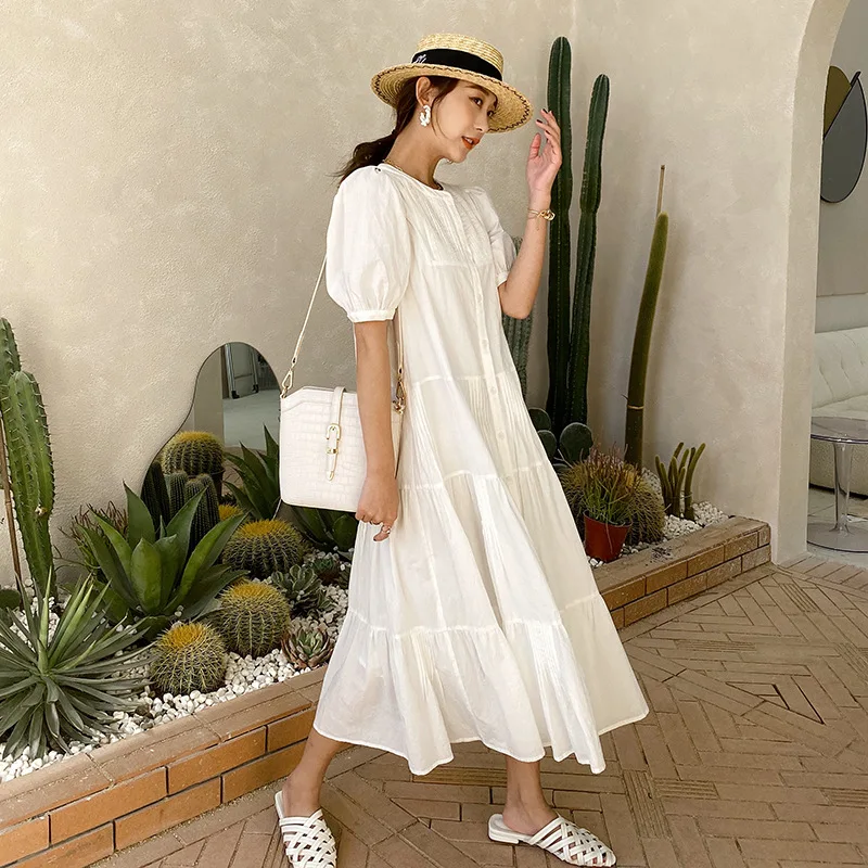 O-Neck Women Summer Fashion Dress Puff Sleeve Tea Length Bohemian Maxi Cotton Dress Oversize  DZA475