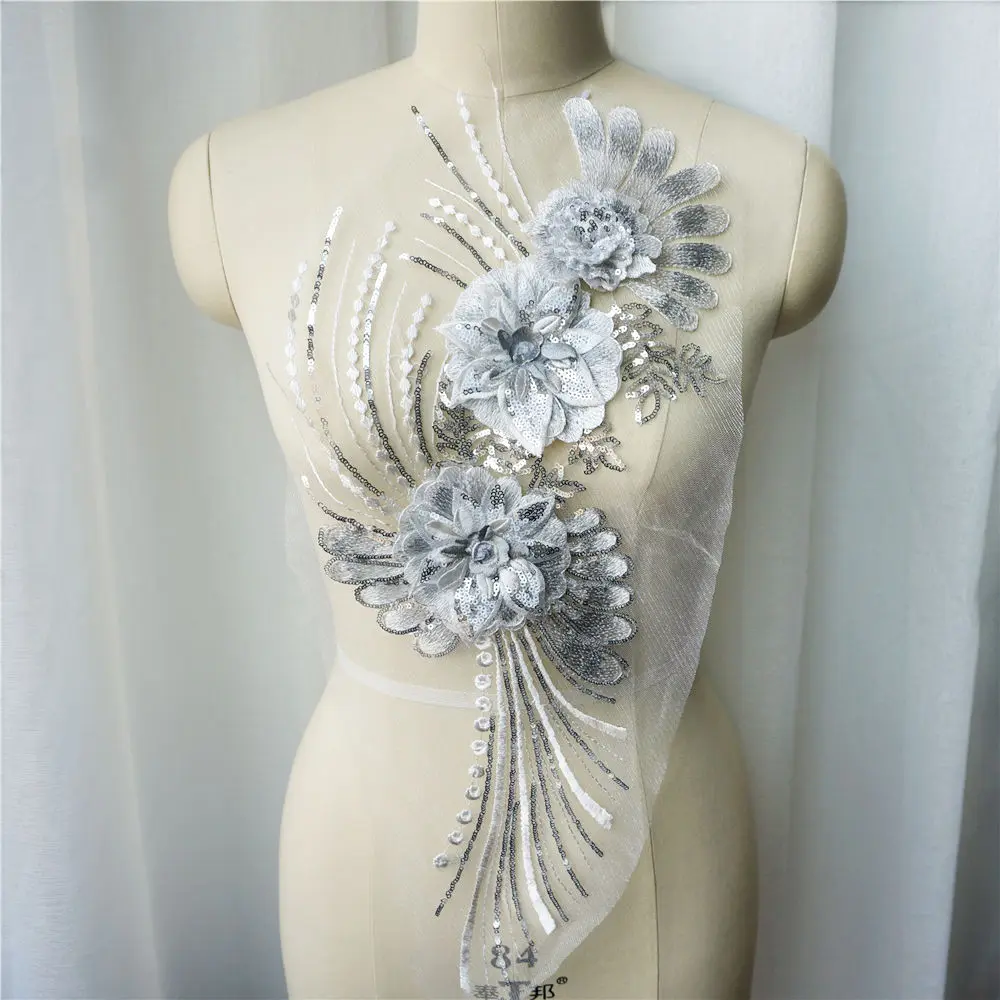 Белый черный 3D цветок кружевной ткани золотые блестки кисточкой вышитые платья