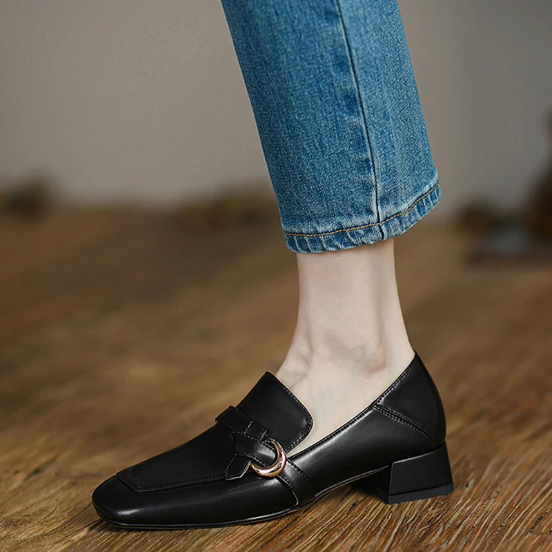 

Genuine Leather Square Toe Women Pumps Fashion Belt Decoration 3CM Square Heels Shoes for Woman Office Party Shoes Handmade