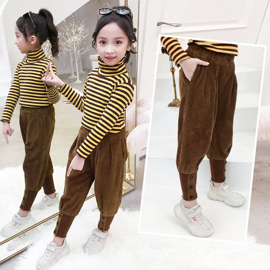 Новые штаны для девочек плотные вельветовые лоскутные детей Осеннее корейское