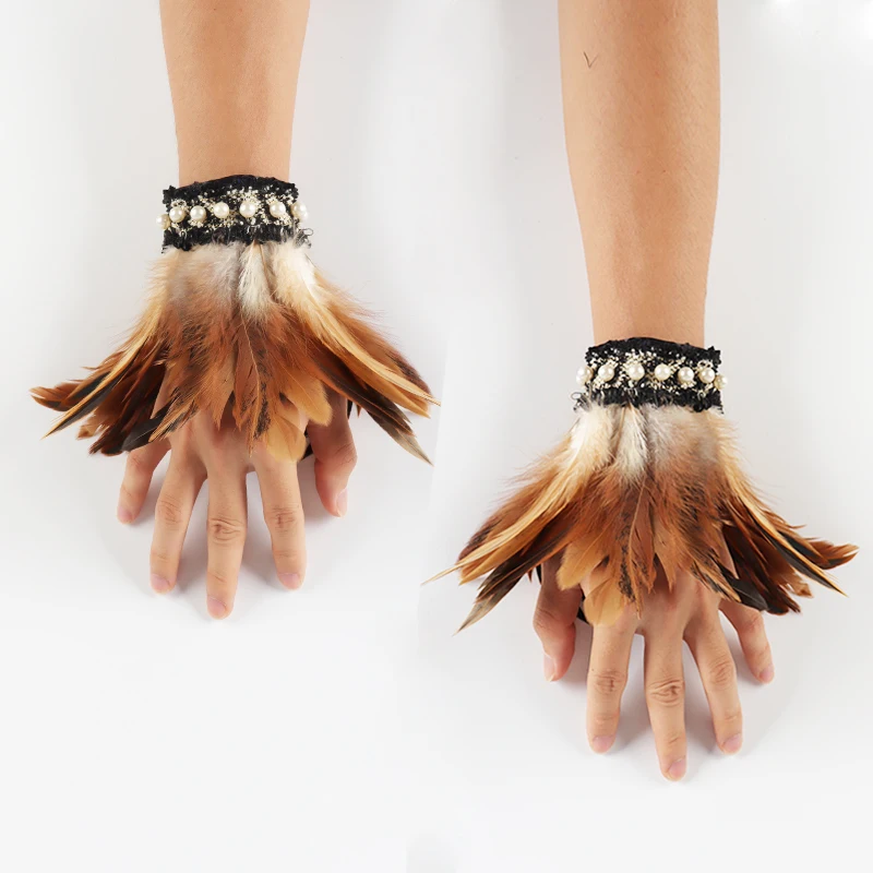 Feather Wrist Cuffs Natural Dyed Rooster Arm Warmers Halloween Party Cosplay Accessories Gloves Dance Clubwear |