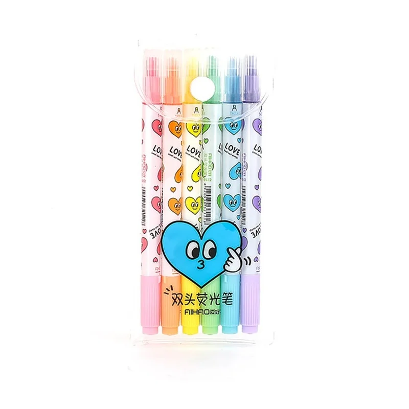 6pcs Kawaii Love Double-Headed Writing Color Brush Highlighter Pen Fine Emphasizing Marker Drawing Office School Supplies H6688 - купить по