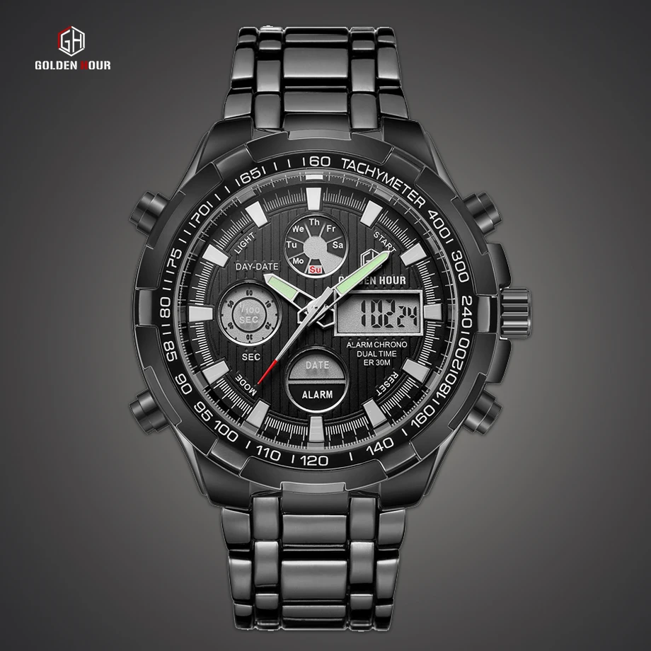 Reloj Hombre GOLDENHOUR черные кварцевые мужские часы zegarek meski цифровые наручные военные
