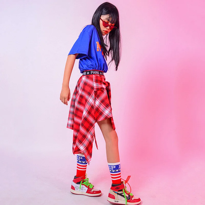 Костюмы для джазовых танцев девочек топ с открытыми плечами клетчатая юбка