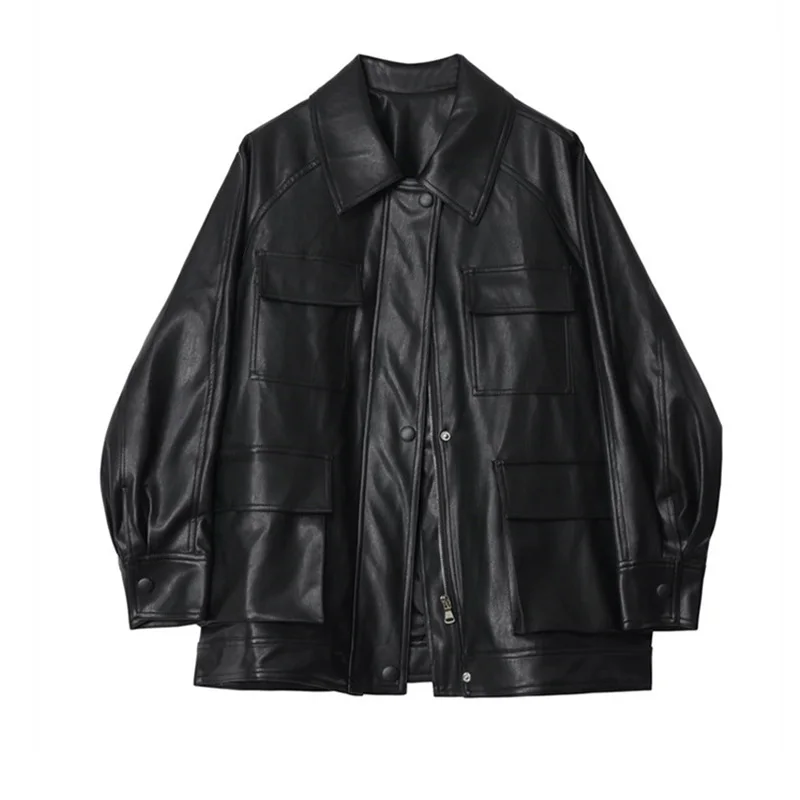 

Vintage New Long Loose Faux Leather Pu Jacket With Belt Women Casual Soft Leather Jacket Ladies Plus Size Outerwear Black