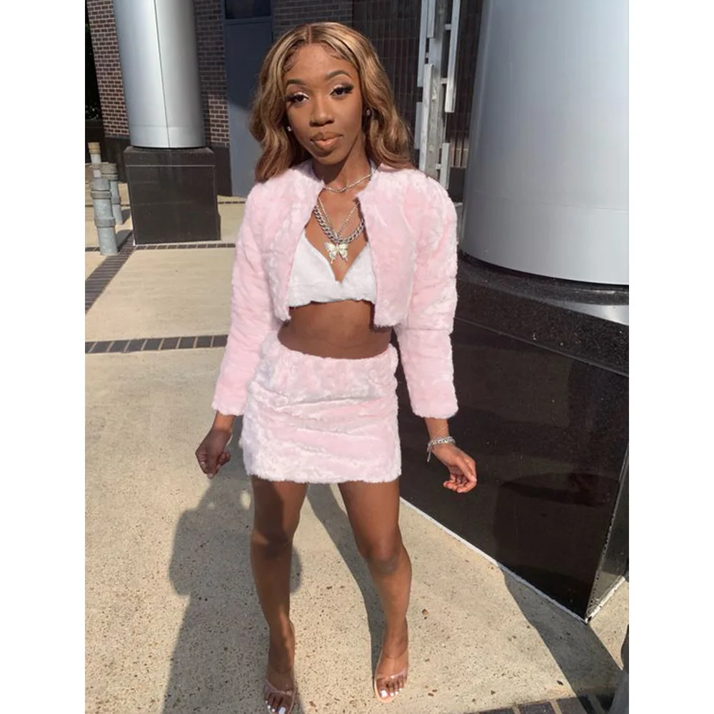 

2 Piece Set Pink Fur Short Jacket Mini Skirt Fake Fur Vintage Y2k Matching Suit Women Clothes Party Clubwear Outfits Women Cloth