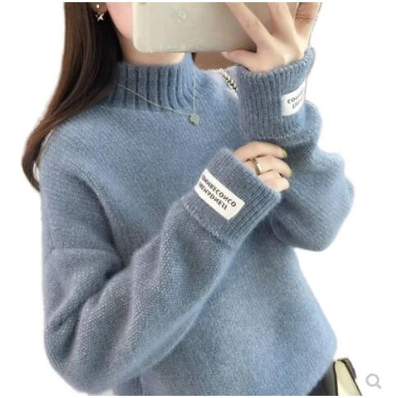 Knitted Warm Sweater Female For Autumn winter 2020 Ladies Long Sleeve Women Turtleneck Tricot Pullover Blue Jumper | Женская одежда