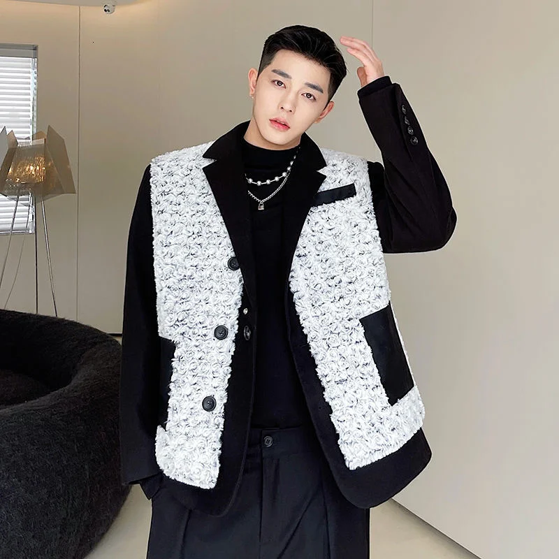 

Мужская одежда, осень-зима 2021, корейская мода, жилет без рукавов светильник роскошный жилет с трехмерным узором в виде розы, меховой комбини...