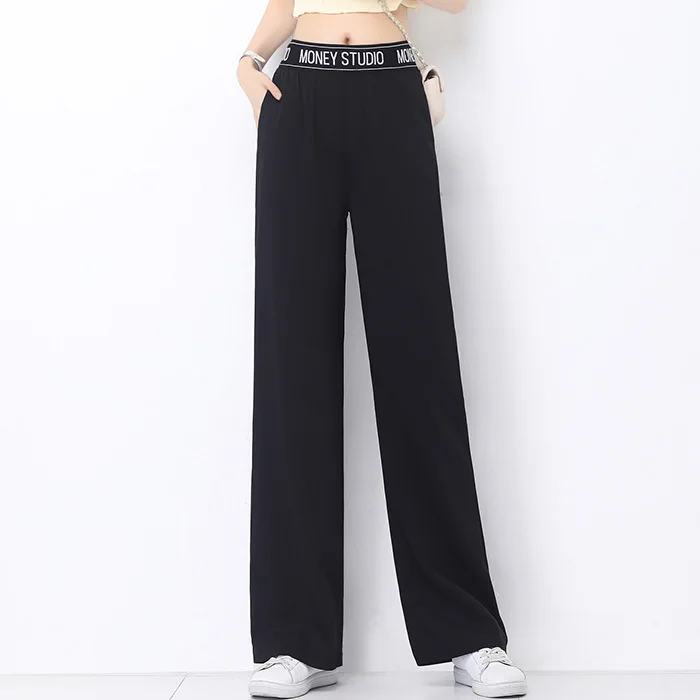 

2021 Women Wide Leg Pants Spring Pure Color Stretch Waist Straight Fashion Woman Pants Female Trousers Blue Black Streetwear