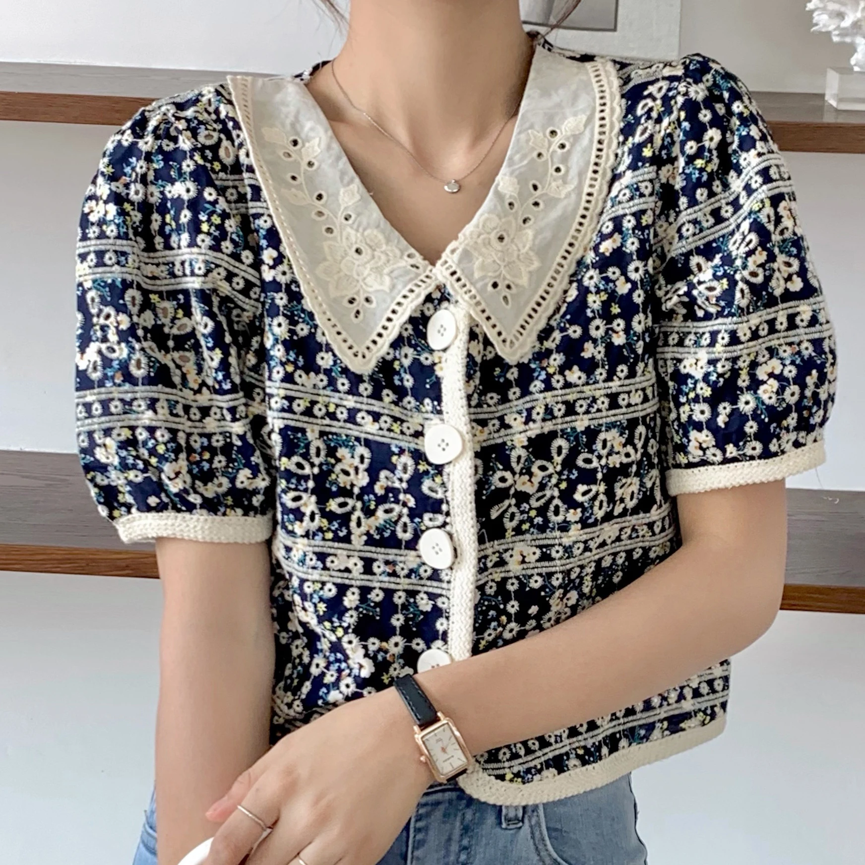 

Женская Офисная рубашка с высокой талией, ажурная винтажная блузка в стиле ретро с цветочным принтом, лето 2021