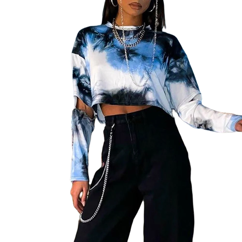 

Women Casual Tie Dye Thin Sweatshirts, Round Neck Cut Out Long Sleeve Pullover Crop Shirt Tops
