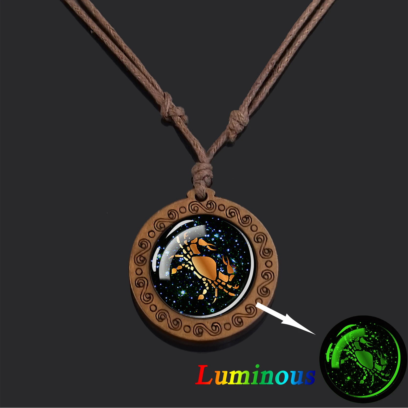 Esspos Astrology 12 Constellation Necklace Vintage Luminous Zodiac Signs Glass Cabochon Wooden Necklaces for Women Men Gift |