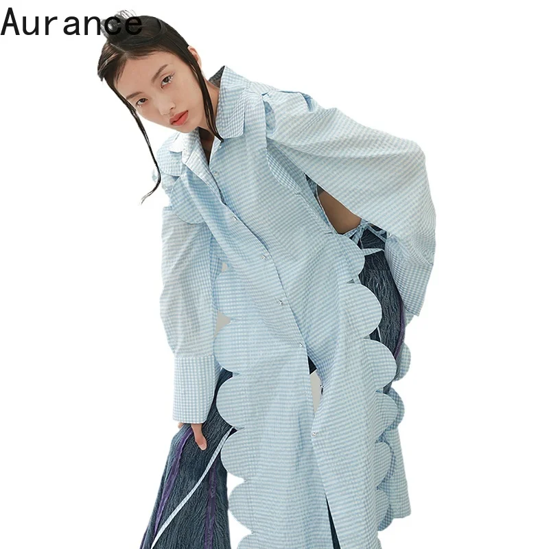 

[Aurance] Women Long Sleeve Blue Plaid Bandage Big Size Long Blouse New Lapel Loose Fit Shirt Fashion Spring Autumn Female 2021