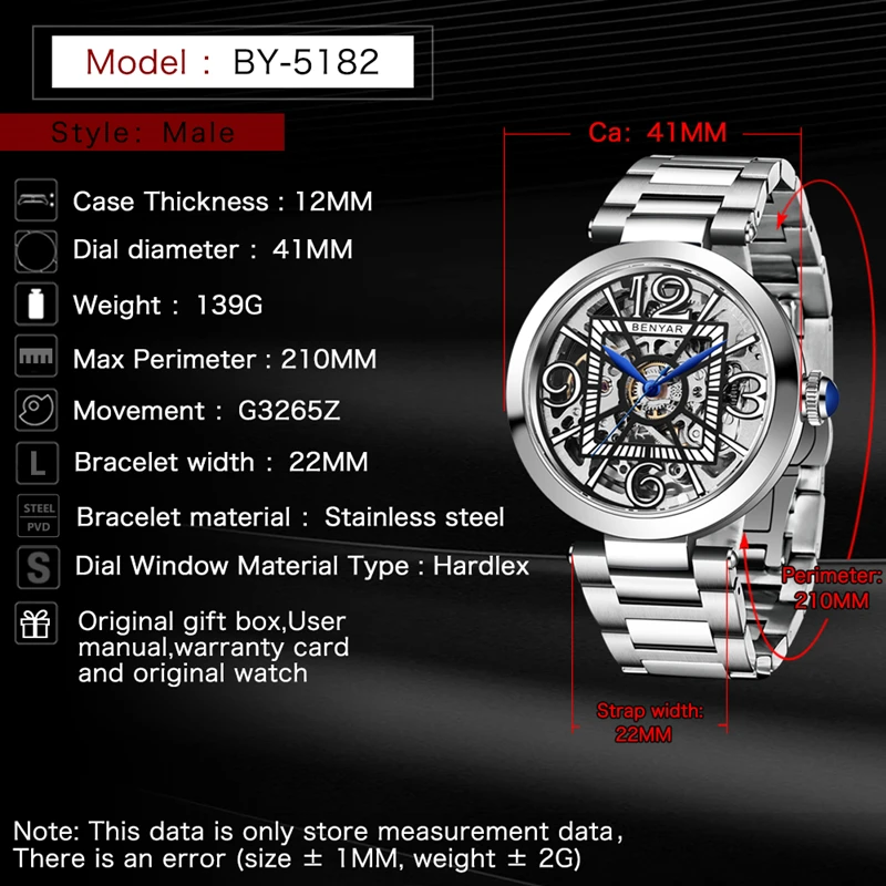 

BENYAR Classic Luxury Men's Automatic Watch Top Brand Stainless Steel Waterproof Mechanical Watch Sports Casual Watch for Men