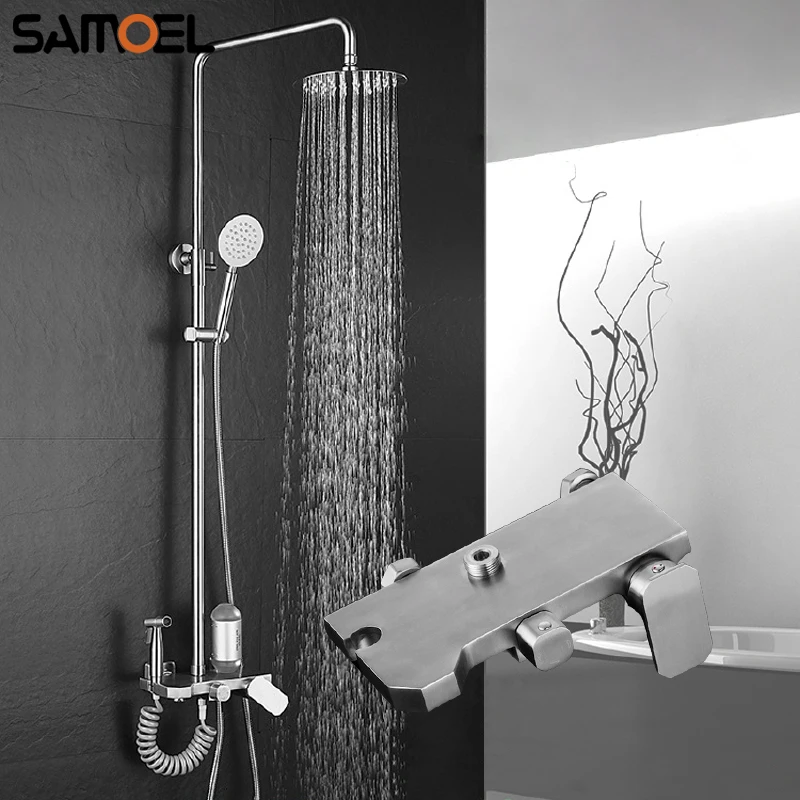 

High Quality Stainless Steel Shower Faucet Set Brushed Liftable Bath and Shower Water Mixing Valve with 8 inch Showerhead ST347