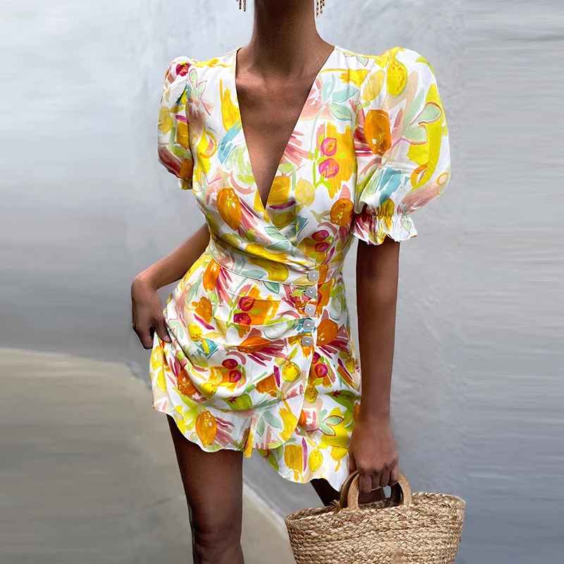 

Женское платье с V-образным вырезом, коротким рукавом-фонариком, цветочным принтом и оборками, праздничное платье в стиле бохо на пуговицах, ...